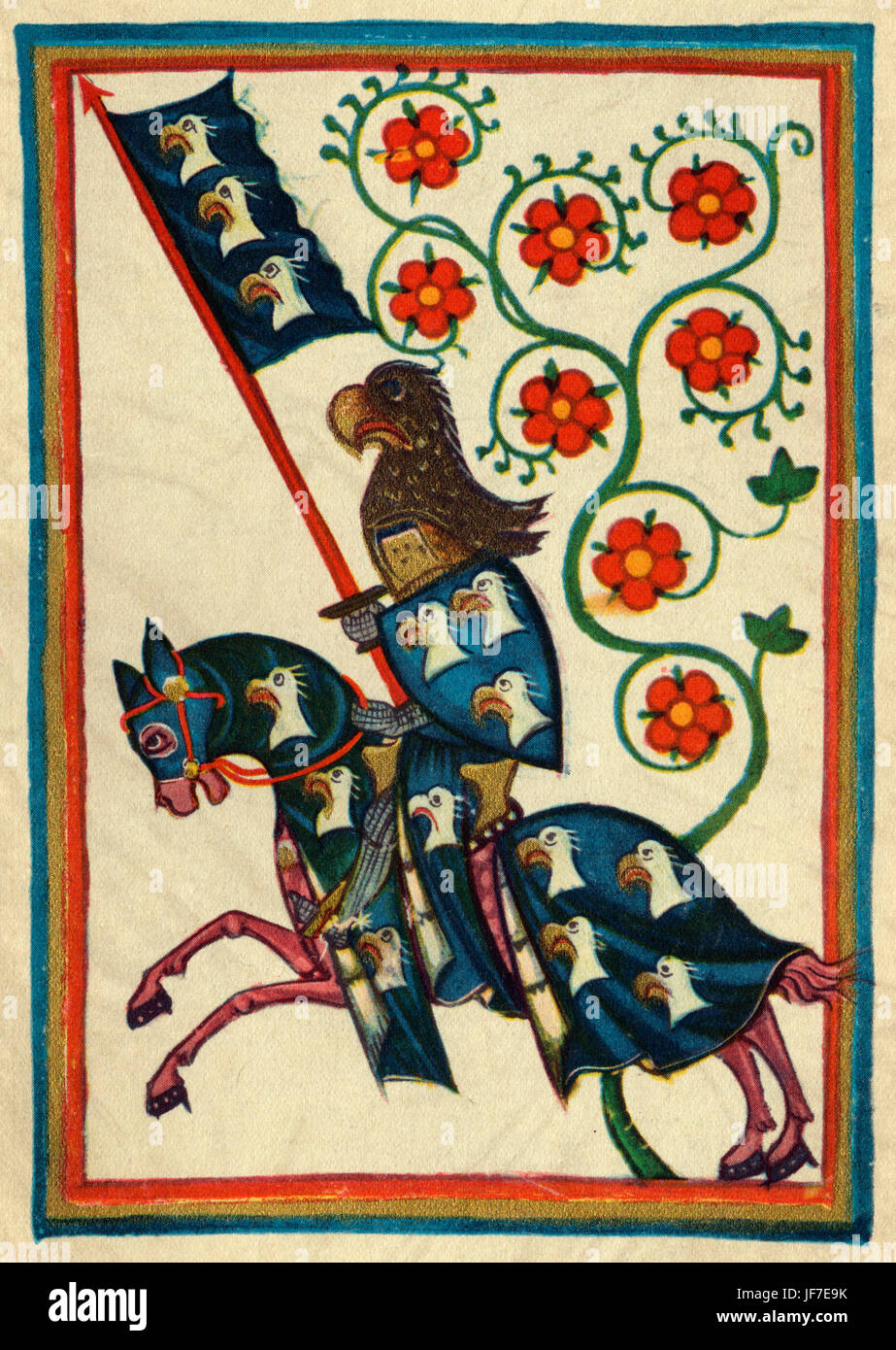 Hartmann von Aue - le Minnesinger, ou poète allemand médiéval l'amour courtois. Le Codex Manesse (ca.1300) ou grosse Heidelberger Liederhandschrift, par Rudiger Manesse et son fils Johannes. Portrait d'un chevalier à cheval. La joute. Banque D'Images