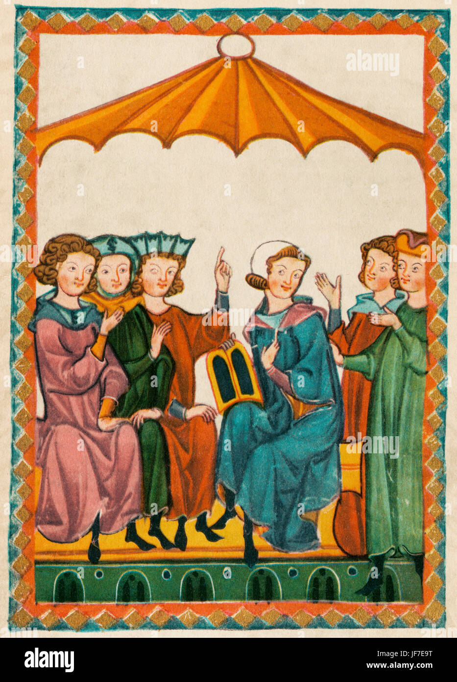 Gottfried von Strassburg avec son travail (mort en 1210) - 13e siècle poète ( Minnesinger, ou l'amour courtois allemand médiéval poète).Codex Manesse (ca.1300) ou grosse Heidelberger Liederhandschrift,(Folio 364r). Université de Heidelberg. Bibliothèque. Tristan, source pour l'opéra de Richard Wagner, Tristan et Isolde. ( Tristan und Isôt) Banque D'Images