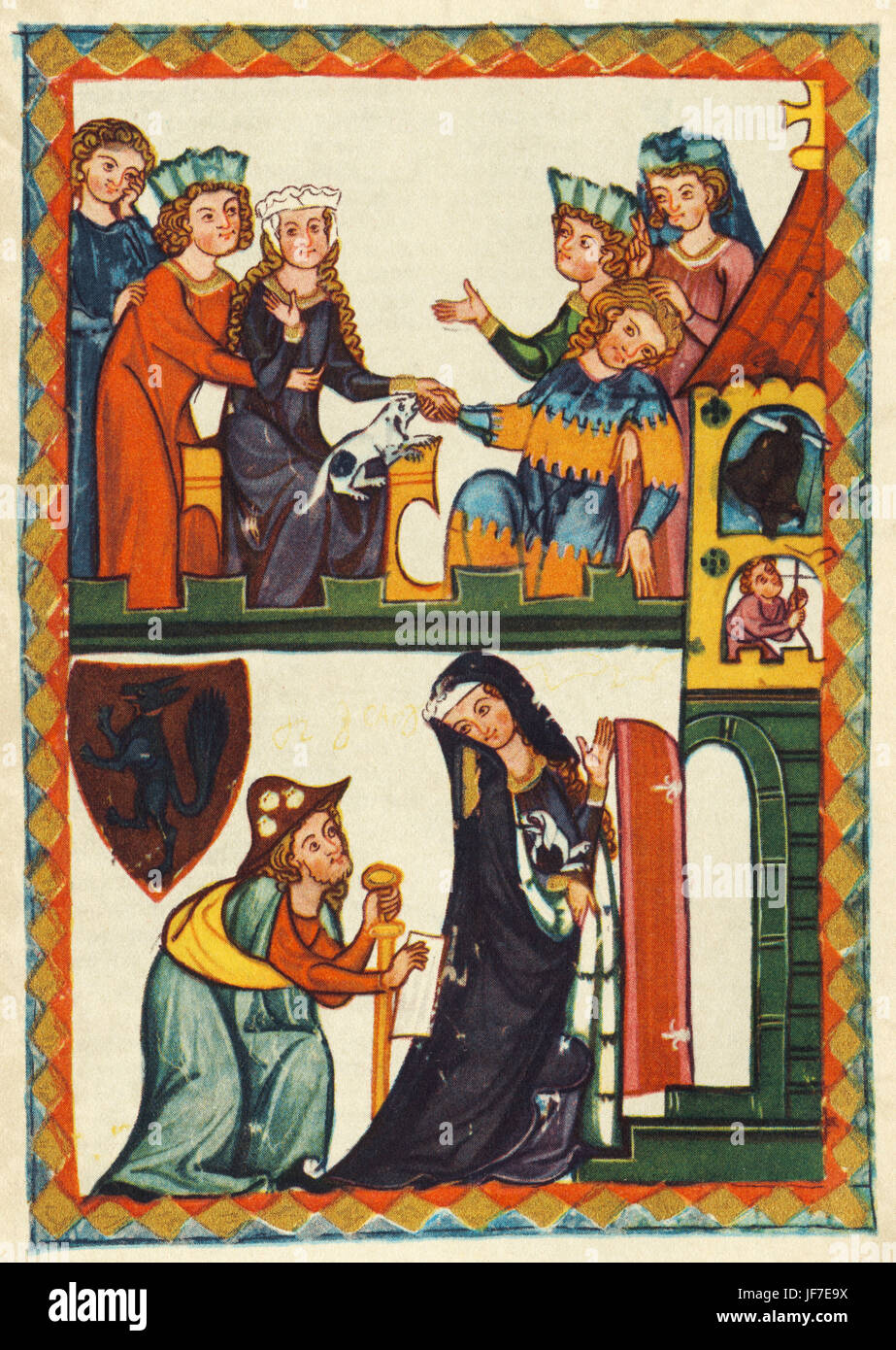 Meister Johannes Hadlaub poète Suisse. Ci-dessous : le poète déguisé en pèlerin followsr une femme qui entre dans l'église. Top : la dame de consoles la poète qui n'est pas bien. Le Codex Manesse (ca.1300) ou grosse Heidelberger Liederhandschrift, par Rudiger Manesse et son fils Johannes. Folio 371r. Université de Heidelberg. Bibliothèque. Banque D'Images