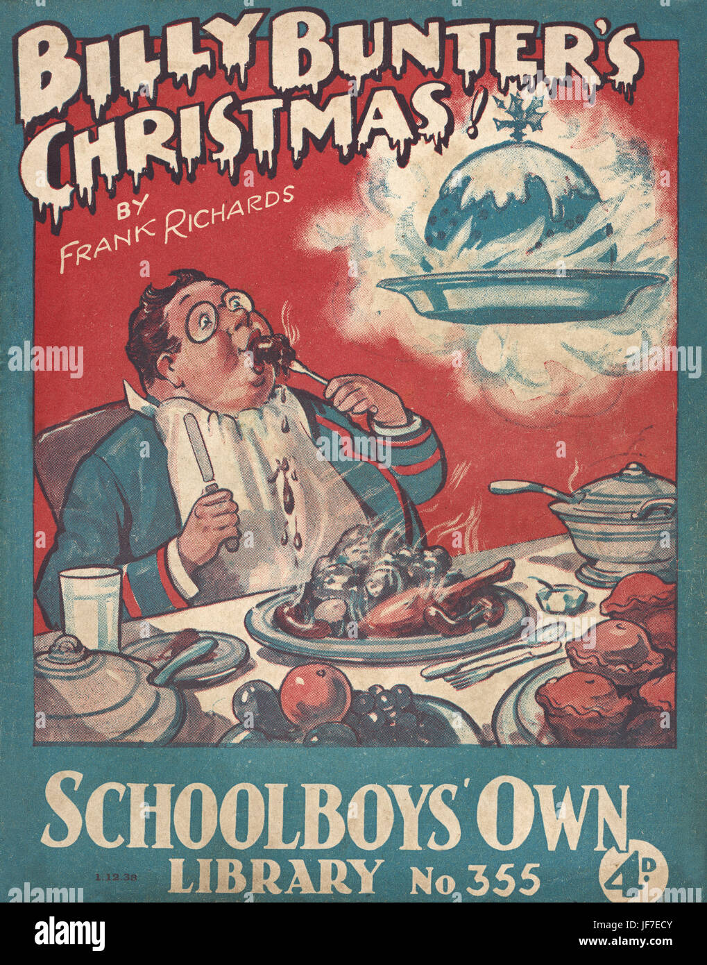 'Billy Bunte r's Christmas !' par Frank Richards - Illustration de couverture. Boy eating beaucoup de nourriture à table et les rêves d'hugeChristmas pudding. À partir de sa propre bibliothèque d'écolier, 1 décembre 1938. Publié par Amalgamated Press, Londres. Banque D'Images