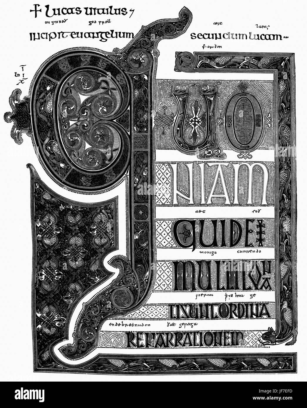 Début de l'Évangile de saint Luc. de l'Évangile (l'île de Lindisfarne livre style livre illustré de la fin du 19ème/début du viiie siècle écrit par un moine appelé Eadfrith), au British Museum. Banque D'Images