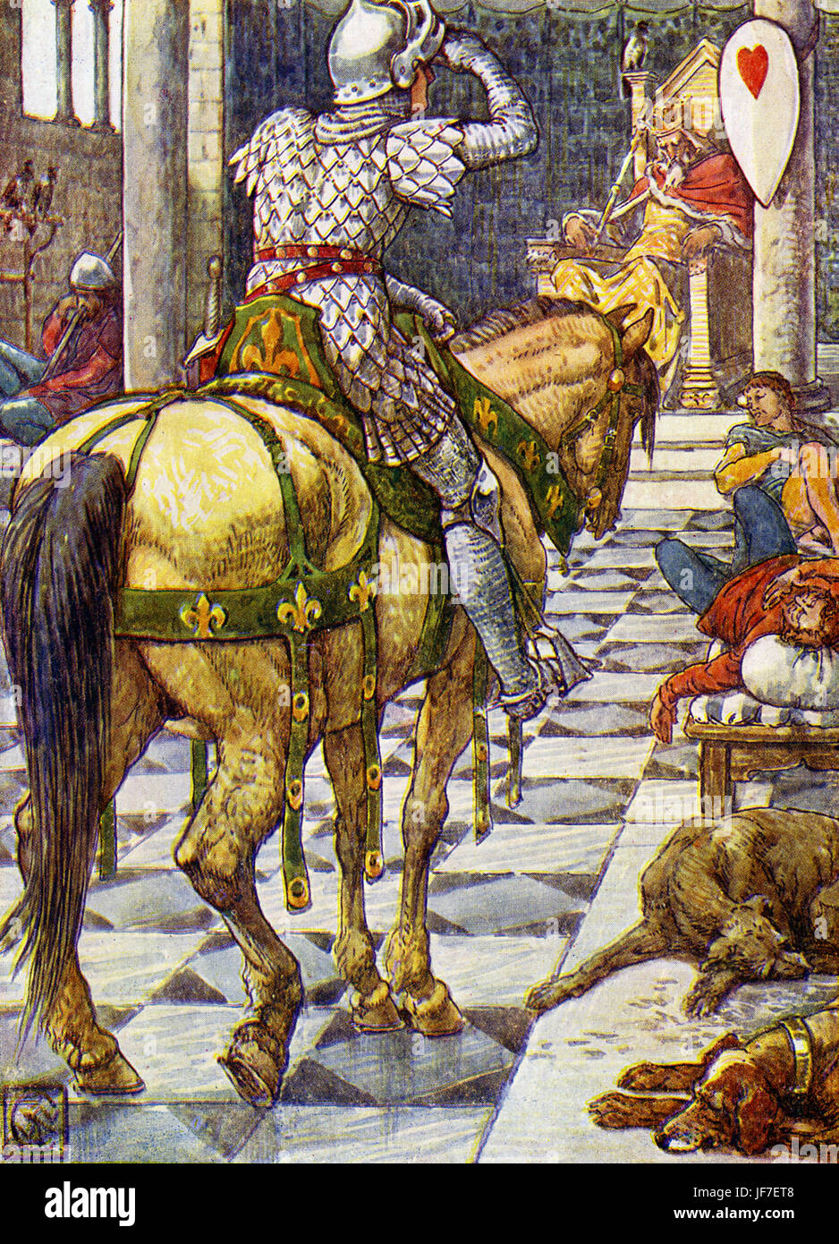 Les chevaliers du roi Arthur par Henry Gilbert . 'Perceval obtient le blindage du coeur". Illustration par Walter Crane, vers 1911.WC : l'artiste anglais du mouvement Arts and Crafts, 15 août 1845 - 14 mars 1915. Banque D'Images