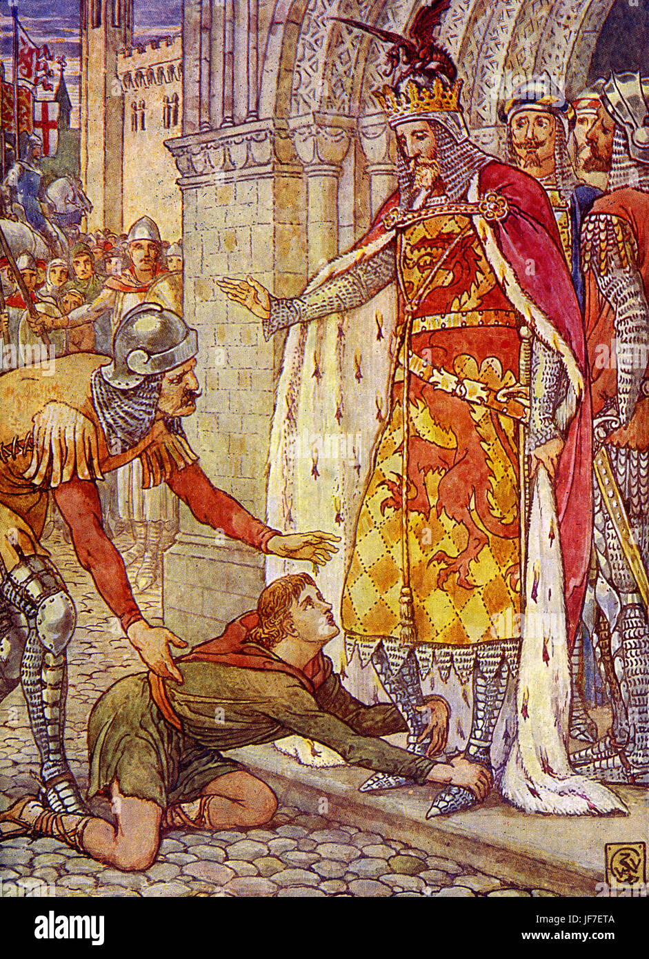 Les chevaliers du roi Arthur par Henry Gilbert. "Jeune Owen lance un appel au roi'. Illustration par Walter Crane, vers 1911.WC : l'artiste anglais du mouvement Arts and Crafts, 15 août 1845 - 14 mars 1915. Banque D'Images