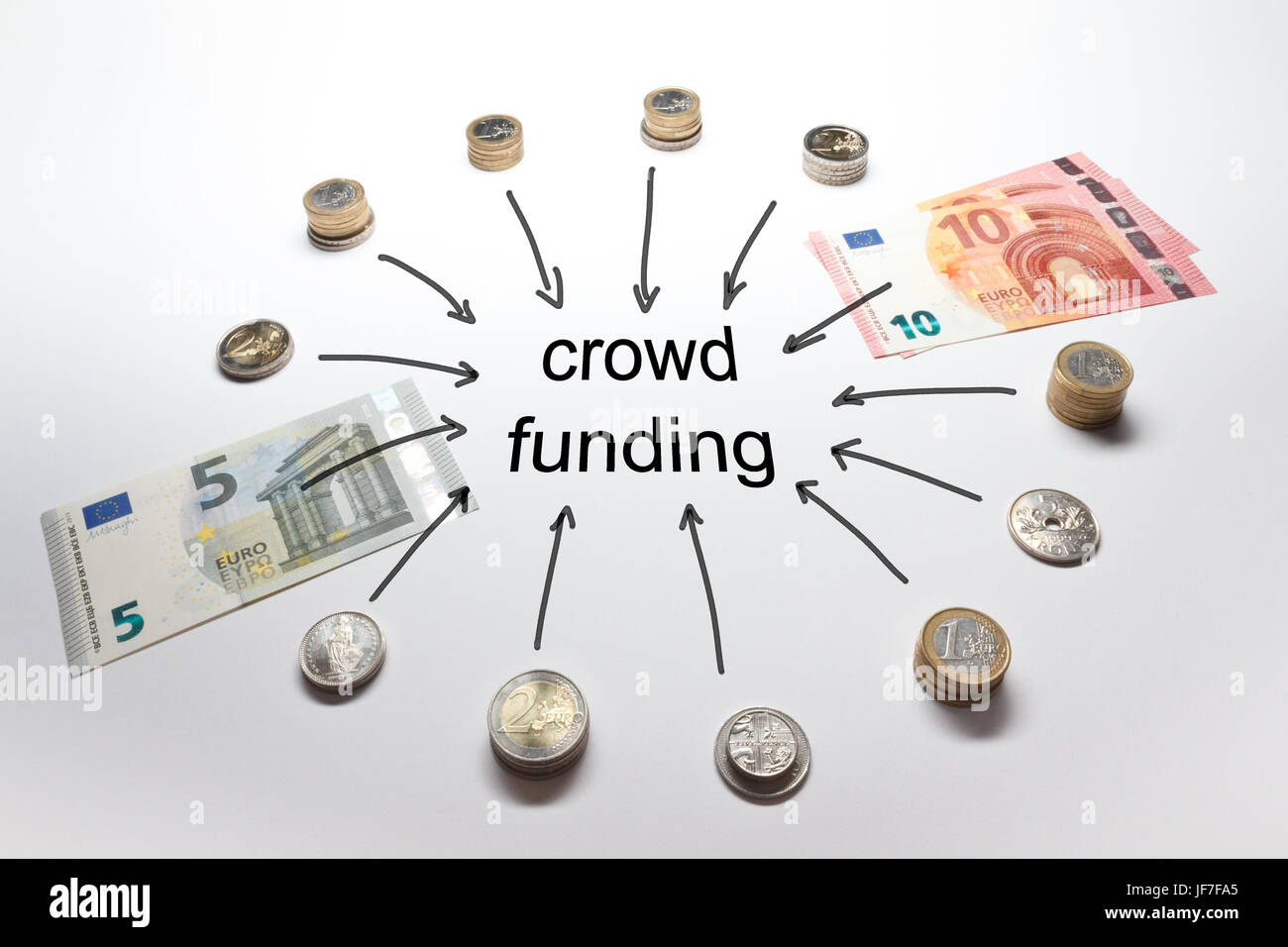 Crowdfunding avec euro, francs suisses, livres et des couronnes en pièces et billets en euros Banque D'Images