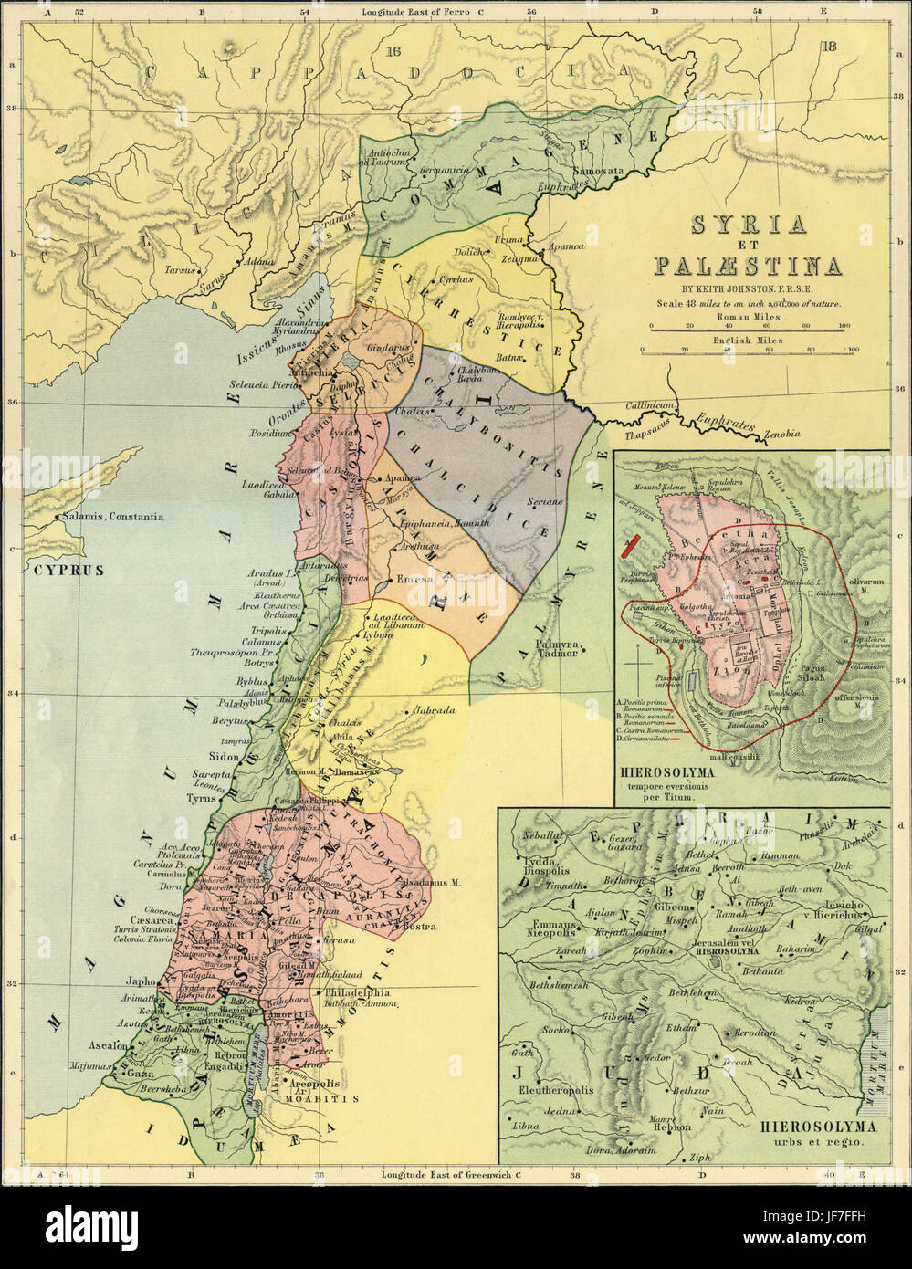 La carte de la Syrie et de Palaestina - la Syrie, Israël et la Palestine en tant qu'ils étaient dans l'antiquité romaine. Montrant vues agrandies de Jérusalem et la région environnante. Dessiné par Keith Johnston F.R.S.E. Publié dans l'Atlas classique inégalé par W. et A.K. Johnston en 1877. Banque D'Images