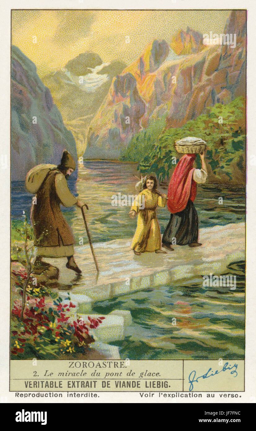 Vie de Zarathustra / Zoroastre. Le miracle du pont de glace. Carte de collection Liebig 1936 Banque D'Images