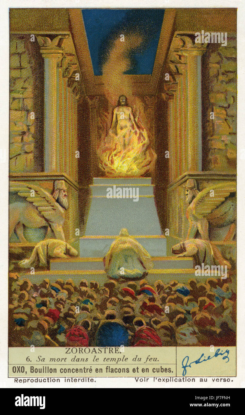 Vie de Zarathustra / Zoroastre. La mort dans le temple du feu. Carte de collection Liebig 1936 Banque D'Images