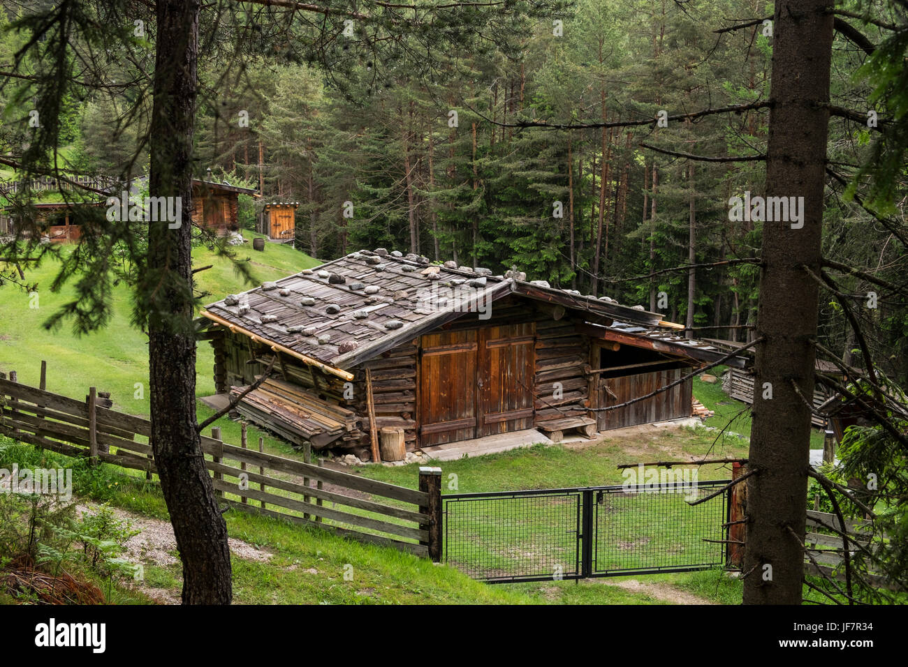 Grange typique du Tyrol, hutte, dans un pré avec un stockage de bois, clôtures et avec une gouttière en bois, Mosern, Seefeld, Autriche Banque D'Images