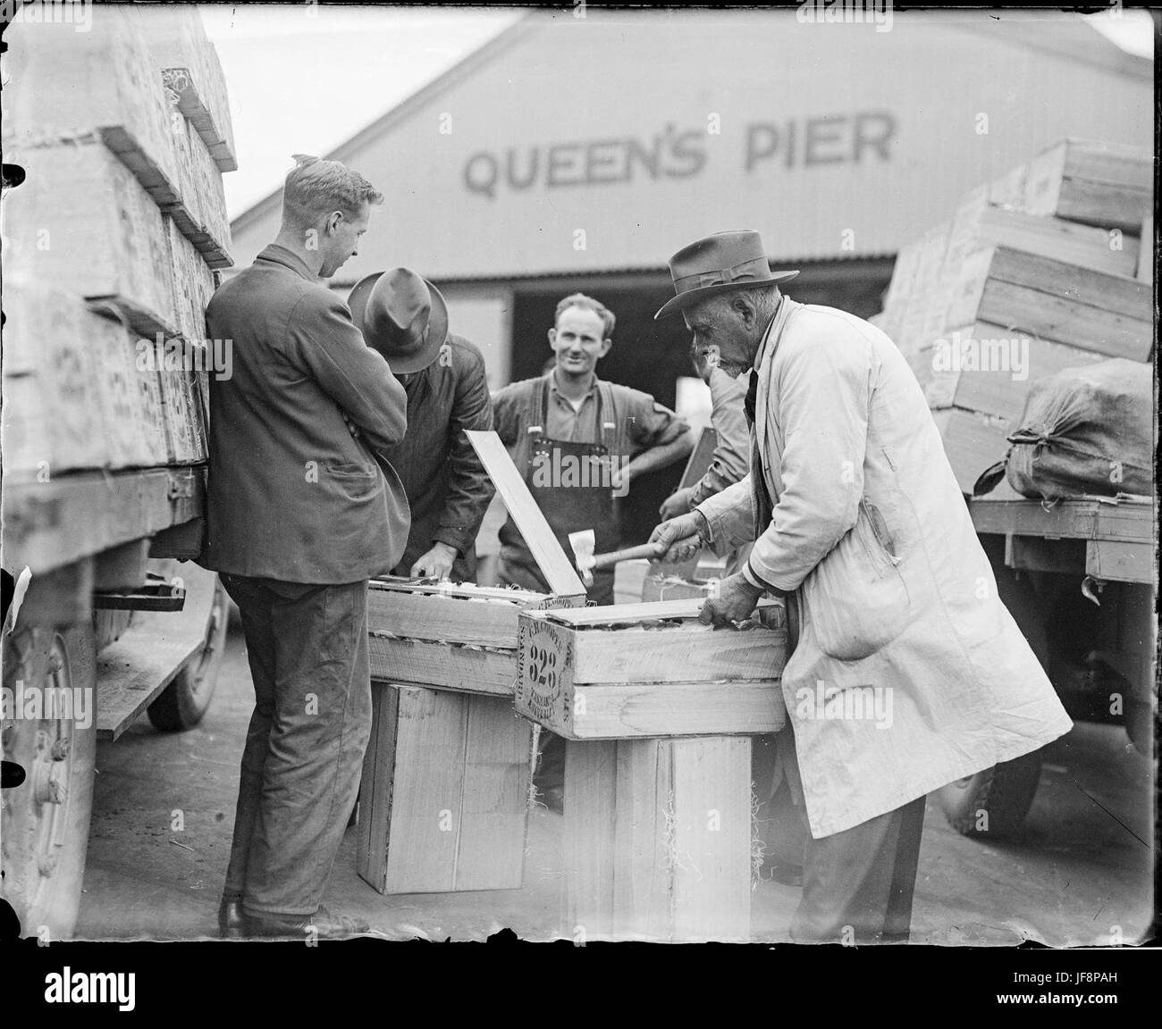 Une photographie vintage montrant des pommes en cours d'inspection à Queens Pier à Hobart, Tasmanie, vers le début des années 1900, mettant en évidence l'industrie agricole de l'époque. Banque D'Images