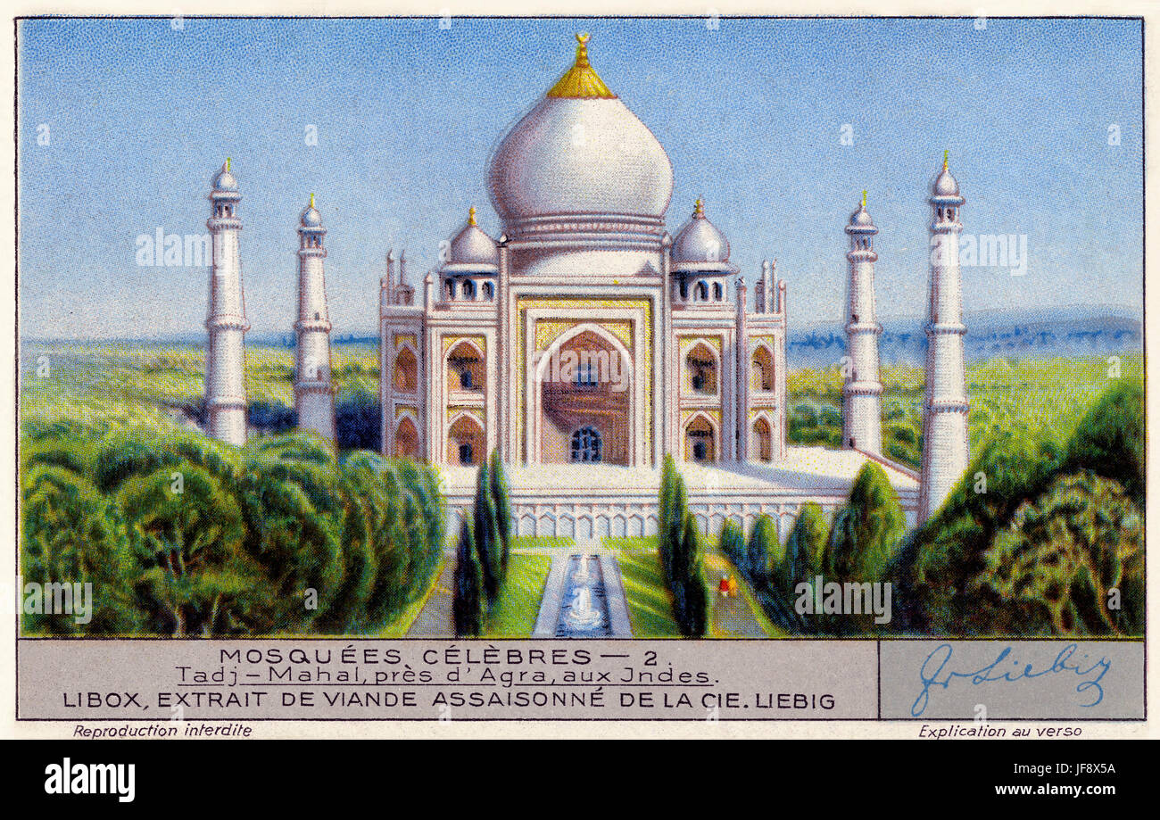 Le Mausolée du Taj Mahal, Agra, Inde. Célèbres mosquées. Carte de collection Liebig 1931 Banque D'Images