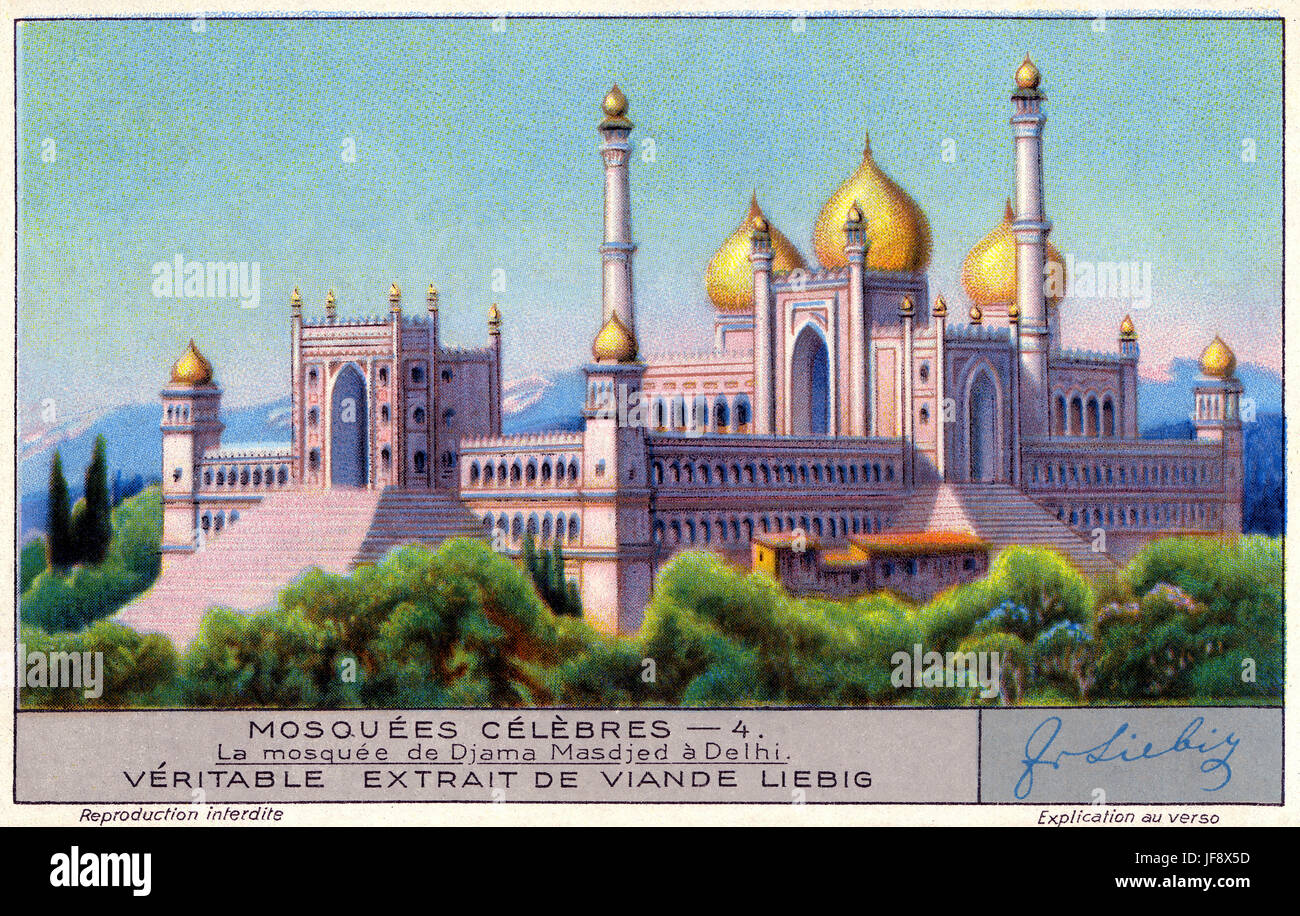 La mosquée Jama Masjid, Delhi, Inde. Célèbres mosquées. Carte de collection Liebig 1931 Banque D'Images