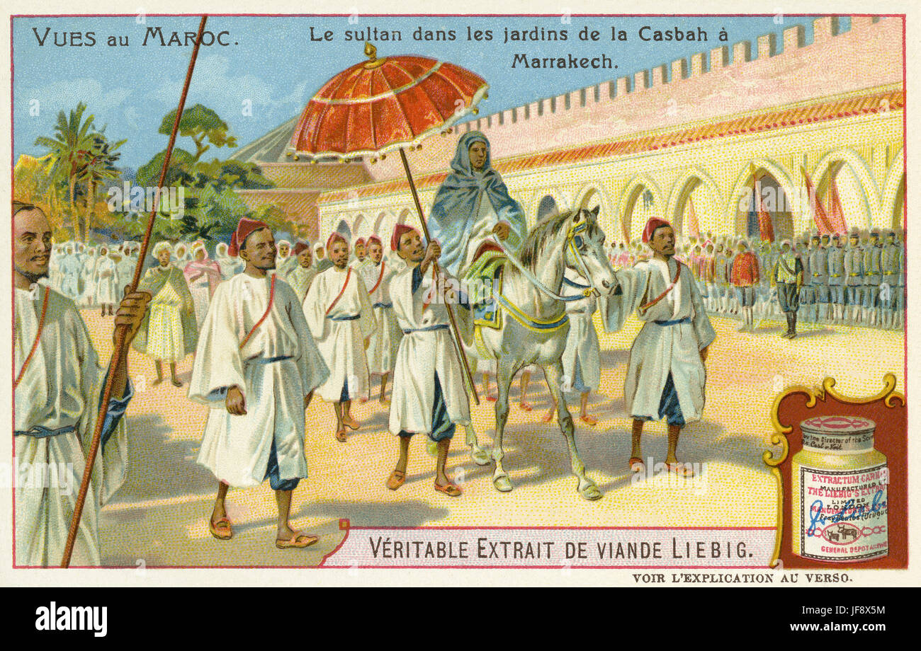 Le sultan du Maroc dans la Kasbah de Marrakech, jardins. Vues du Maroc. Carte de collection Liebig 1906 Banque D'Images
