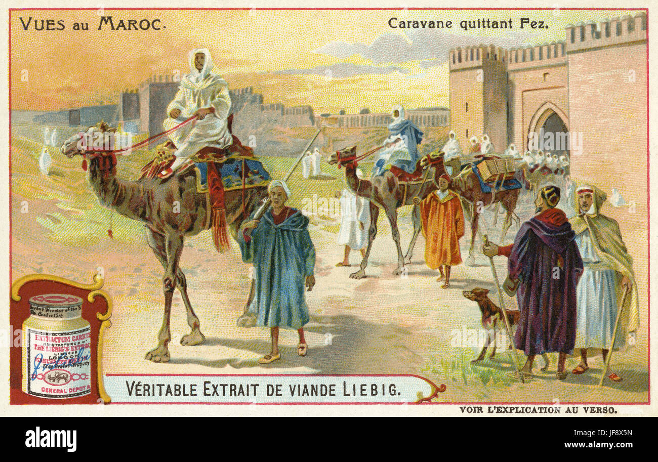 Caravane de chameaux laissant Fès / Fès. Vues du Maroc. Carte de collection Liebig 1906 Banque D'Images