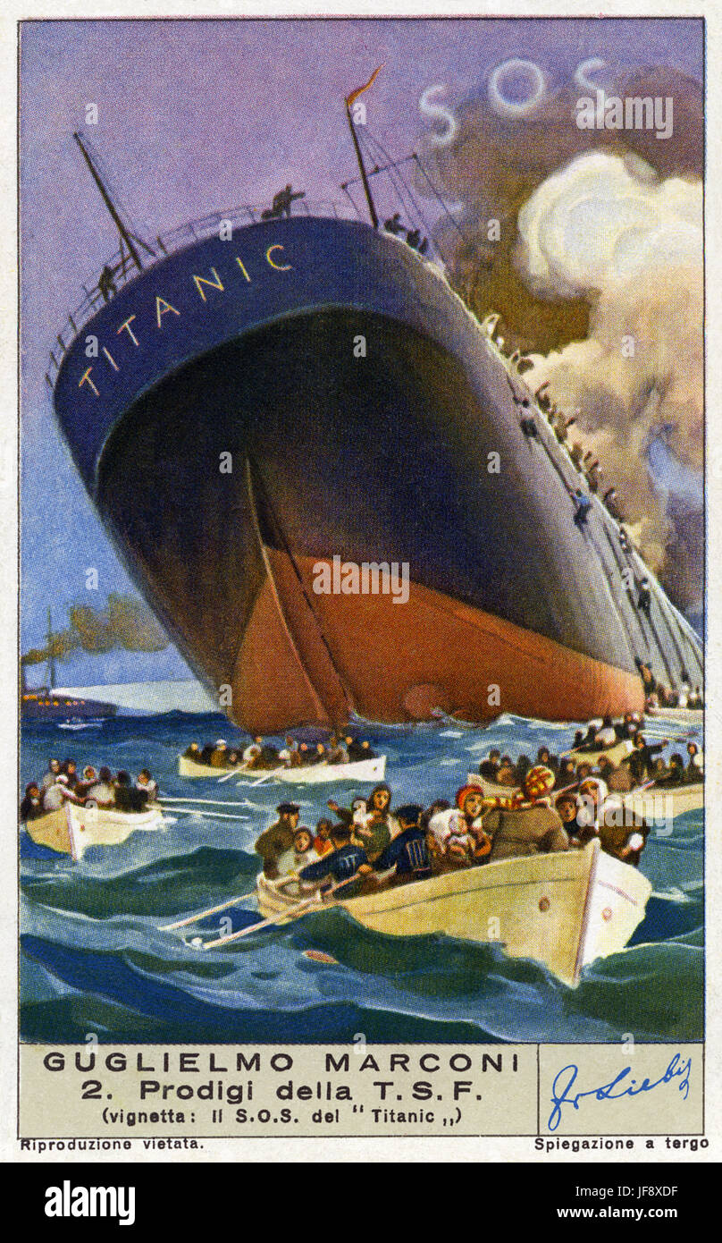 Merveilles de la télégraphie sans fil. Le signal de détresse SOS envoyé par le Titanic. Guglielmo Marconi (25 avril 1874 - 20 juillet 1937), ingénieur en électricité et inventeur italien. Carte de collection Liebig, 1938 Banque D'Images
