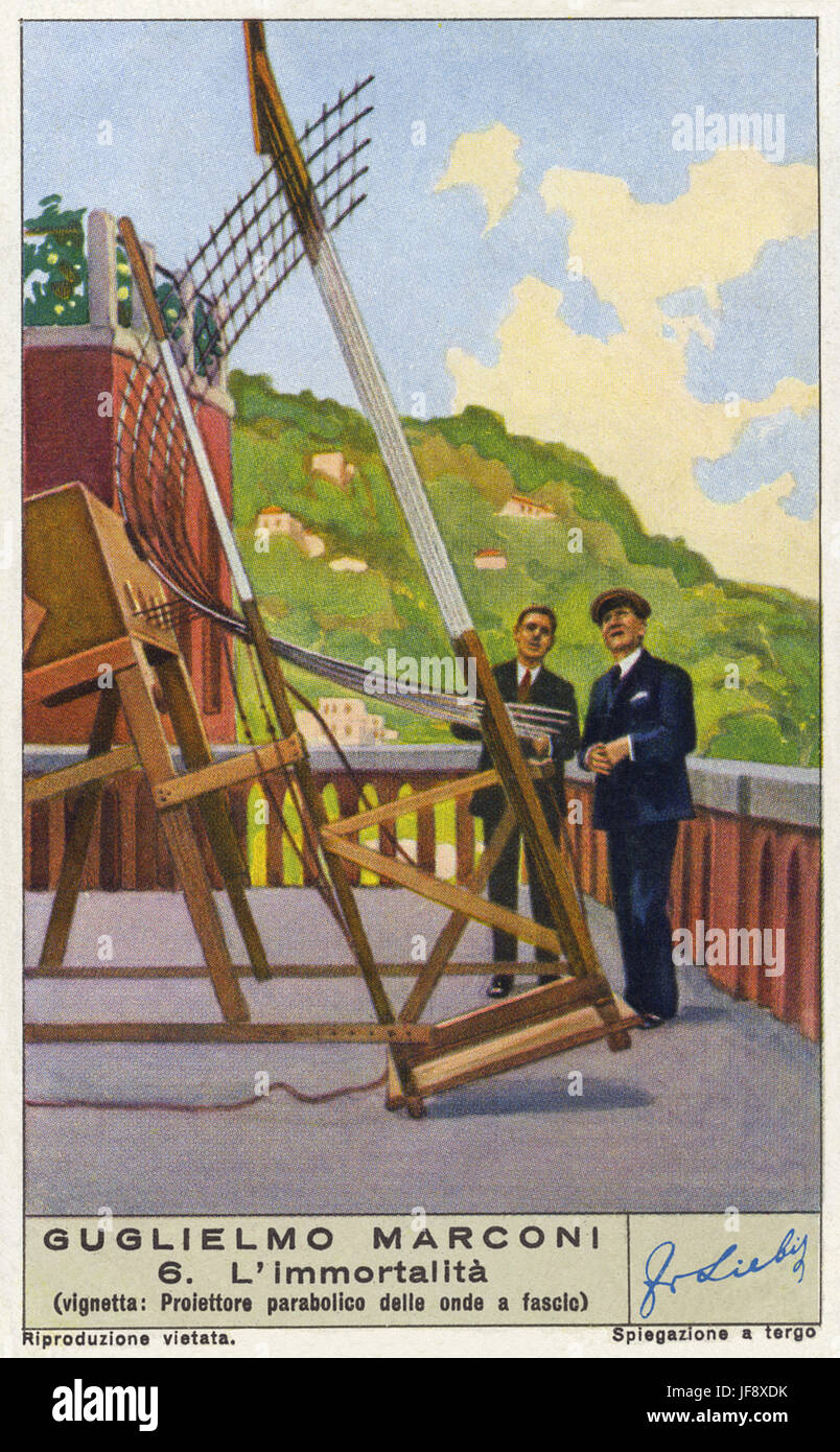Réflecteur parabolique de vague. Guglielmo Marconi (25 avril 1874 - 20 juillet 1937), ingénieur en électricité et inventeur italien. Carte de collection Liebig, 1938 Banque D'Images