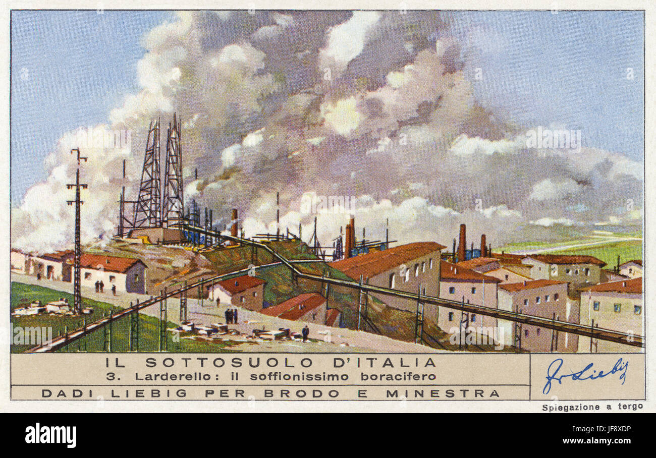 Larderello geysers / centrale géothermique. La transformation des matières premières pour l'Italie. Carte de collection Liebig, 1938 Banque D'Images