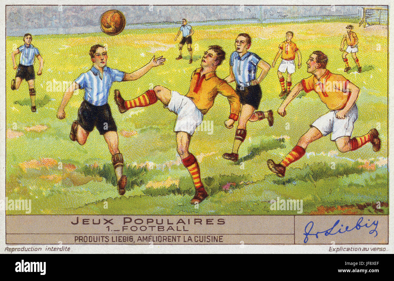 Le football. Jeux populaires, au début du xxe siècle en France. Carte de collection Liebig, 1939 Banque D'Images