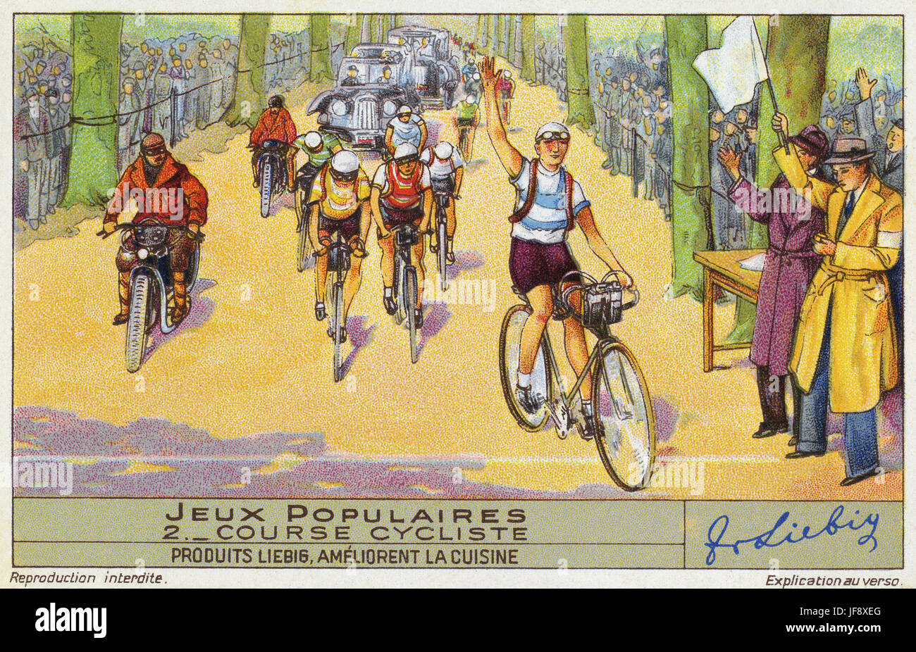 Course cycliste. Jeux populaires, au début du xxe siècle en France. Carte de collection Liebig, 1939 Banque D'Images