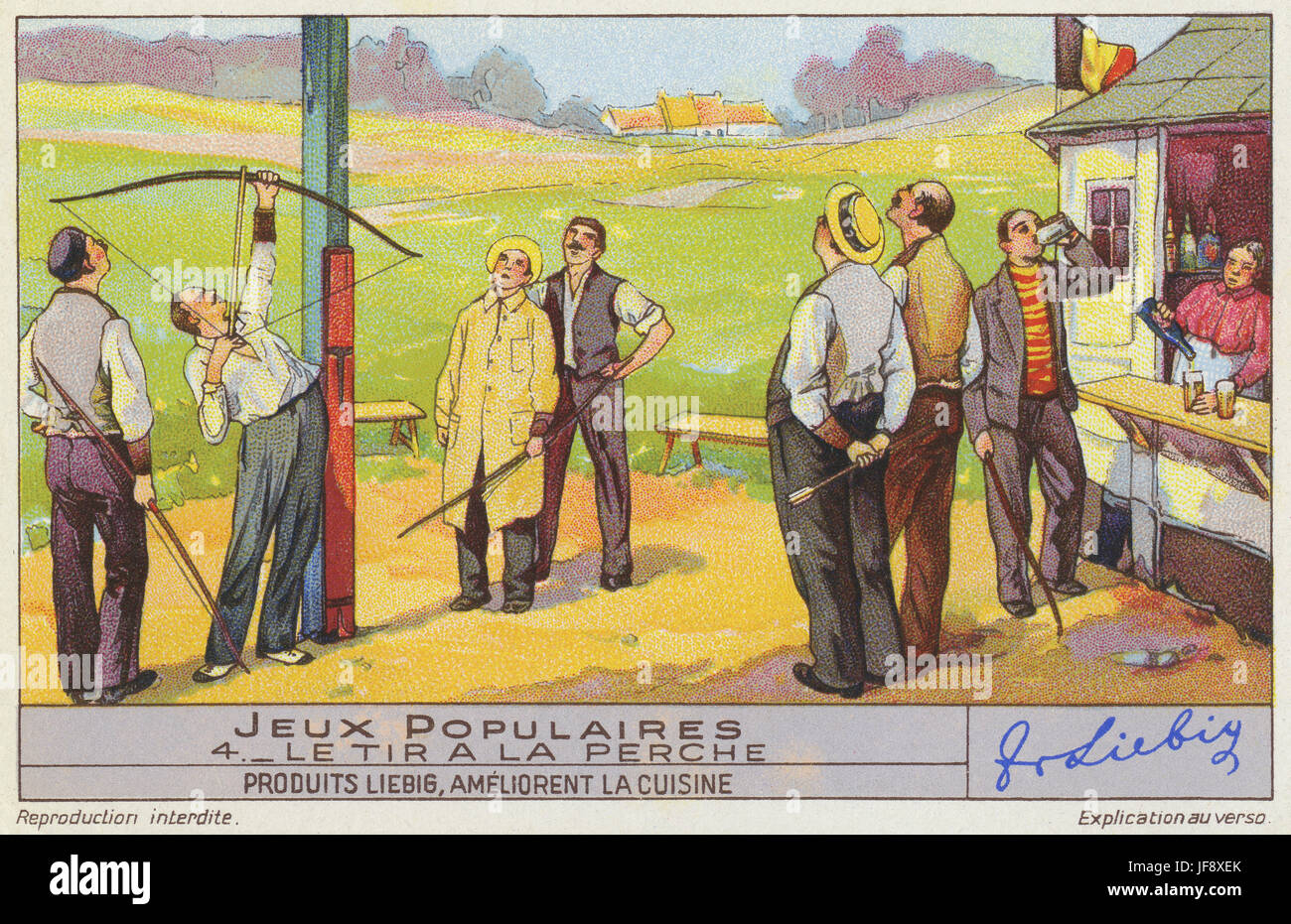 Best Western popinjay Vertical / pole (Tir Tir à l'ARC a la perche verticale). Jeux populaires, au début du xxe siècle en France. Carte de collection Liebig, 1939 Banque D'Images