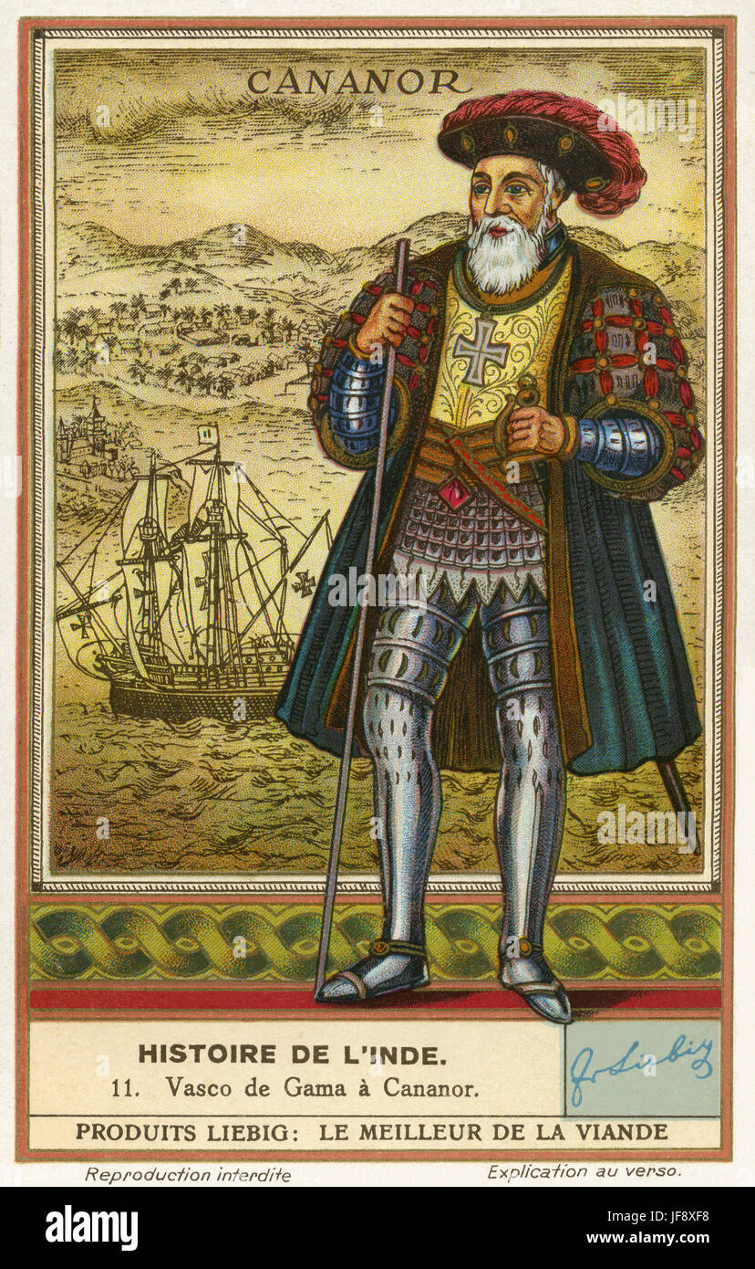 Vasco da Gama (ch. 1460s - 24 décembre 1524), explorateur portugais, premier Européen à atteindre l'Inde par la mer. Histoire de l'Inde. Carte de collection Liebig, 1939 Banque D'Images