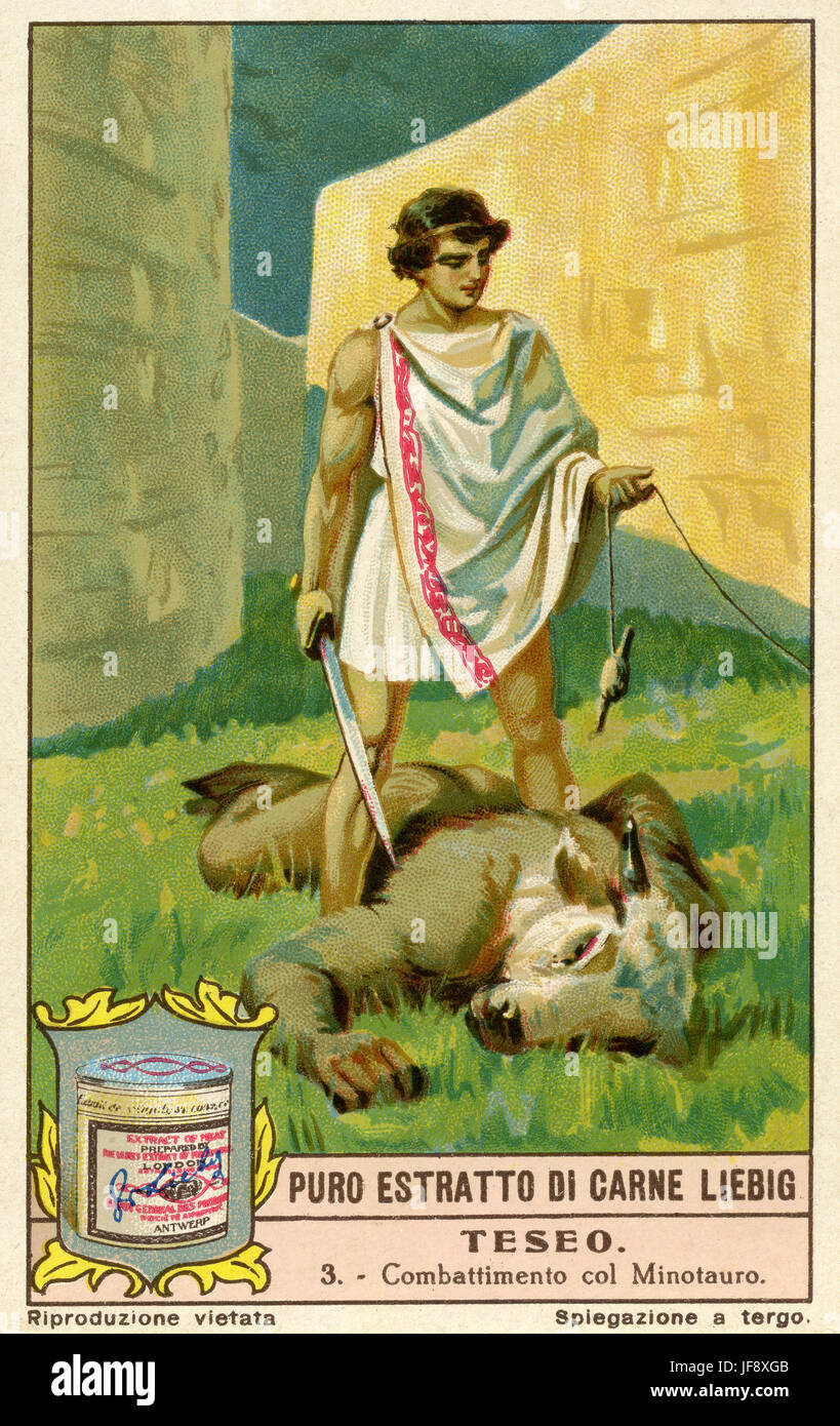 Thésée et le minotaure. Thésée, roi mythique d'Athènes. Carte de collection Liebig, 1928 Banque D'Images