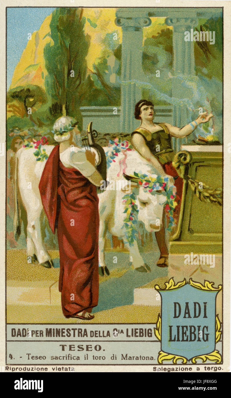 Le Marathonian sacrifices Thésée et Bull. Thésée, roi mythique d'Athènes. Carte de collection Liebig, 1928 Banque D'Images