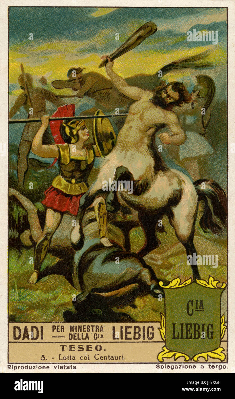 Défaites le centaure Eurytus Thésée au mariage de Pirithous et Hippodamia. Thésée, roi mythique d'Athènes. Carte de collection Liebig, 1928 Banque D'Images