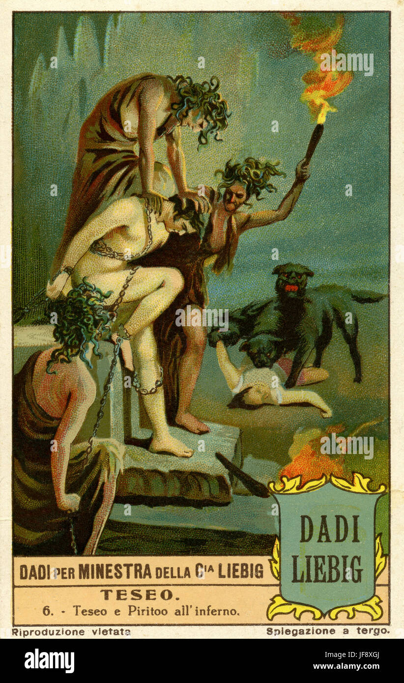 Thésée et Prithous dans le monde souterrain, attaqué par les Furies. Thésée, roi mythique d'Athènes. Carte de collection Liebig, 1928 Banque D'Images