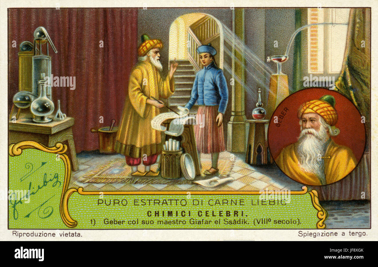 Abu Musa Jabir Ibn Hayyan (ch. 721 AD - 815 AD), l'alchimiste persan et père de la chimie. Avec l'Imam Ja'far al-Sadiq. Les chimistes célèbres. Carte de collection Liebig, 1929 Banque D'Images