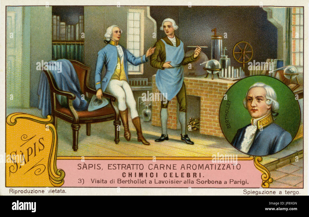 Claude Berthollet (9 décembre 1748 - 6 novembre 1822) et Antoine Lavoisier (26 août 1743 - 8 mai 1794), des chimistes français. Les chimistes célèbres. Carte de collection Liebig, 1929 Banque D'Images