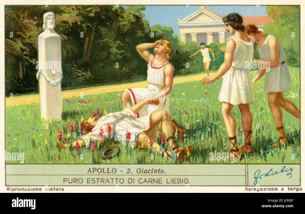 Jacinthe et Apollo / Mort de Hyacinthe. Apollo. Carte de collection Liebig 1932 Photo Stock Alamy