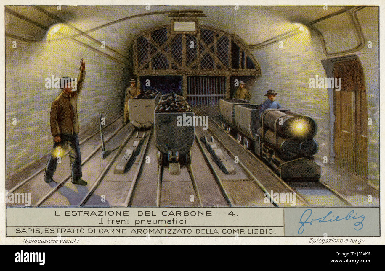 Les trains de pneumatiques. L'extraction du charbon. Carte de collection Liebig 1933 Banque D'Images