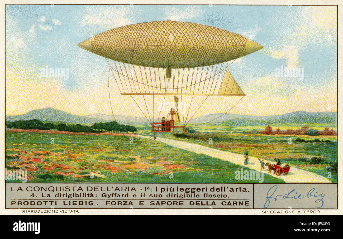 - Premier dirigeable Giffard powered dirigeable. Les voyages aériens. Carte de collection Liebig 1935 Banque D'Images