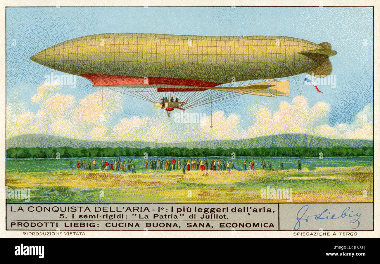 Le dirigeable Lebaudy Patrie, conçu par Henri Julliot pour l'armée française, 1906. Les voyages aériens. Carte de collection Liebig 1935 Banque D'Images