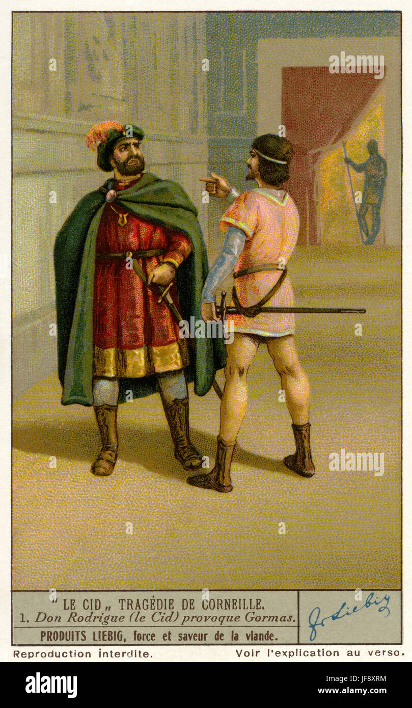 Don Rodrigo défis le Comte de Gormas en duel (Acte 2 SCÈNE 2). Le Cid / El Cid, jouer par Pierre Corneille. Carte de collection Liebig 1936 Banque D'Images
