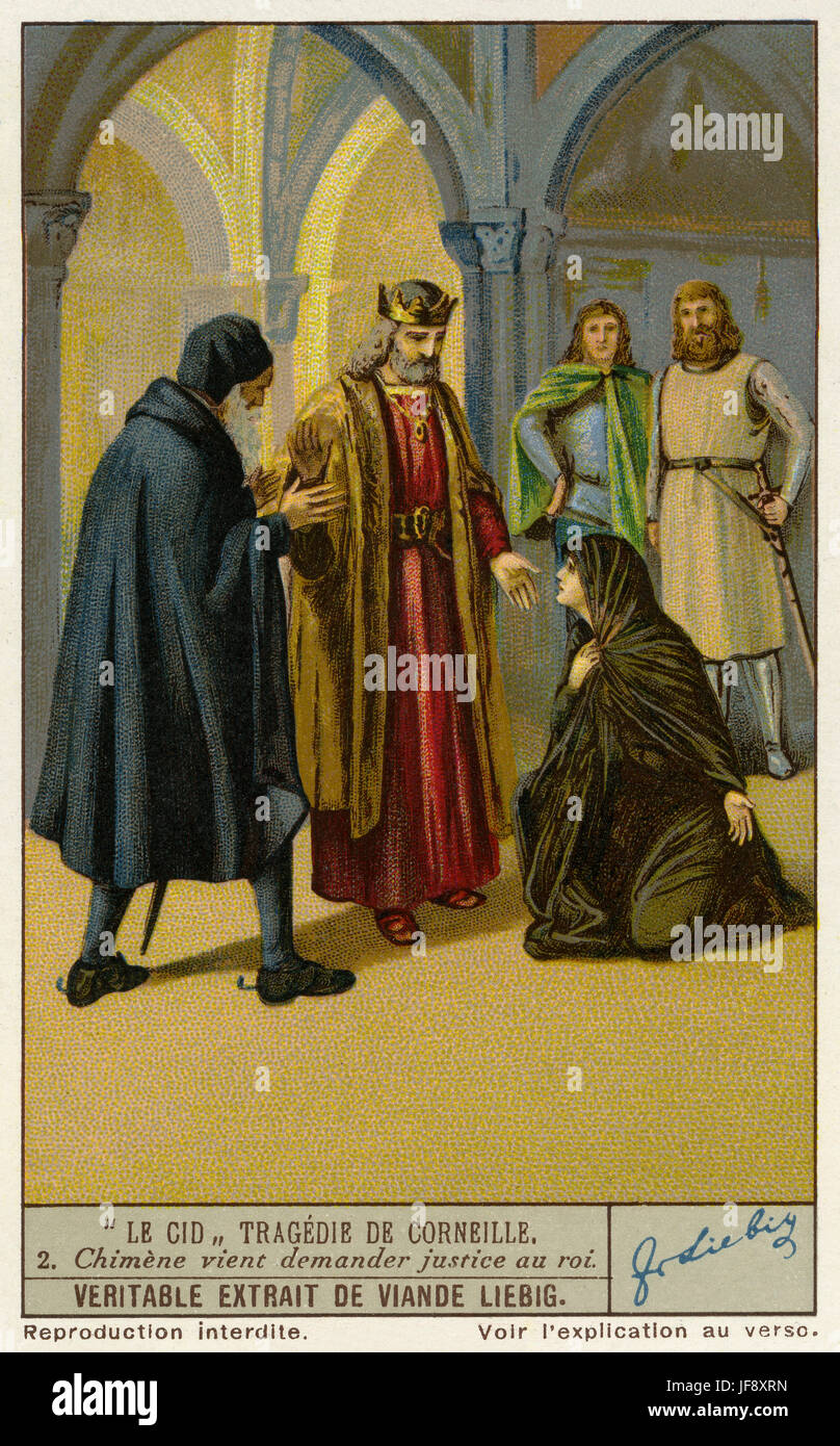Chimene exige la justice du Roi (Acte 2 SCÈNE 8). Le Cid / El Cid, jouer par Pierre Corneille. Carte de collection Liebig 1936 Banque D'Images