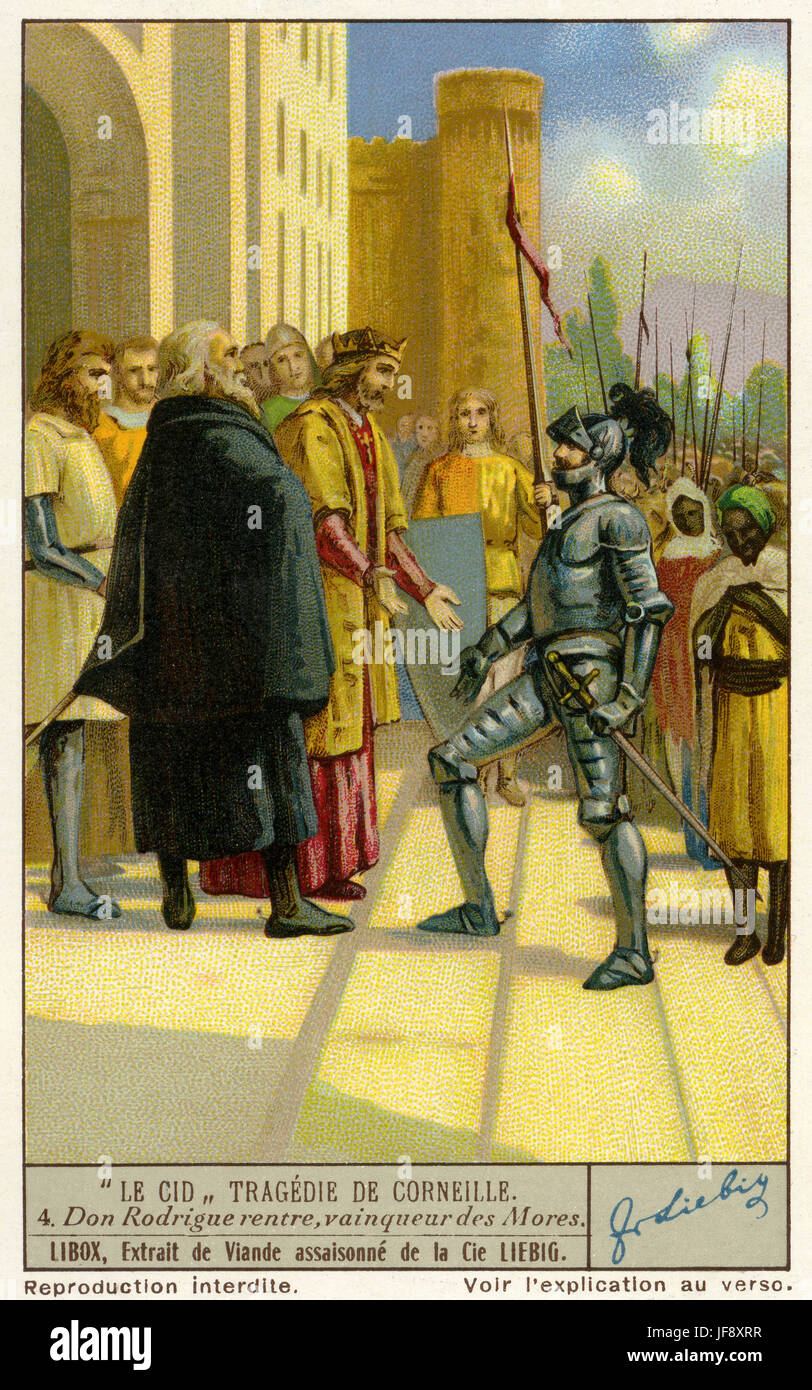 Don Rodrigo revient victorieux de sa guerre contre les Maures (Acte 4 SCÈNE 3). Le Cid / El Cid, jouer par Pierre Corneille. Carte de collection Liebig 1936 Banque D'Images