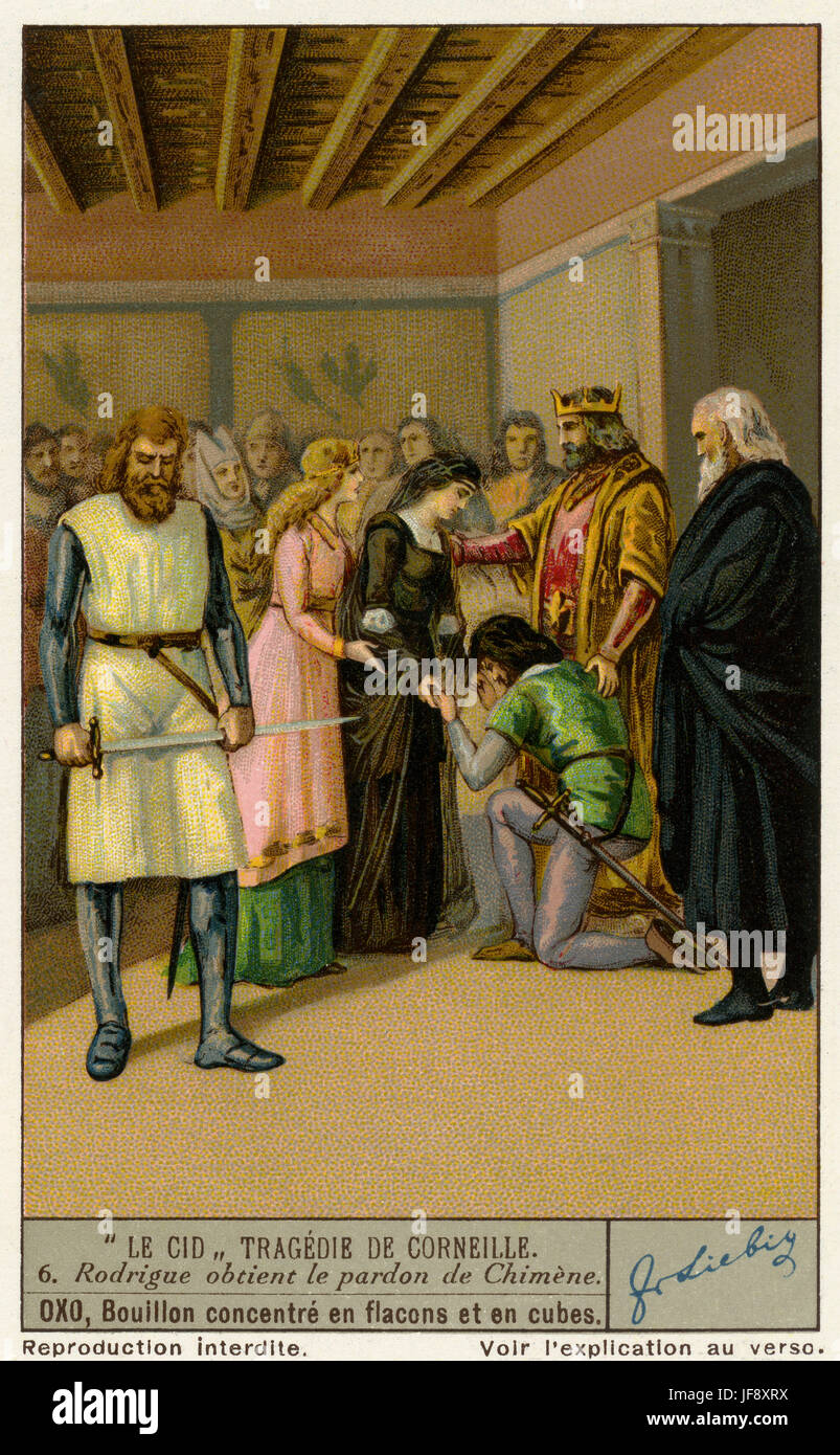 Don Rodrigo obtient le pardon Chimene (Acte 5 SCÈNE 7). Le Cid / El Cid, jouer par Pierre Corneille. Carte de collection Liebig 1936 Banque D'Images