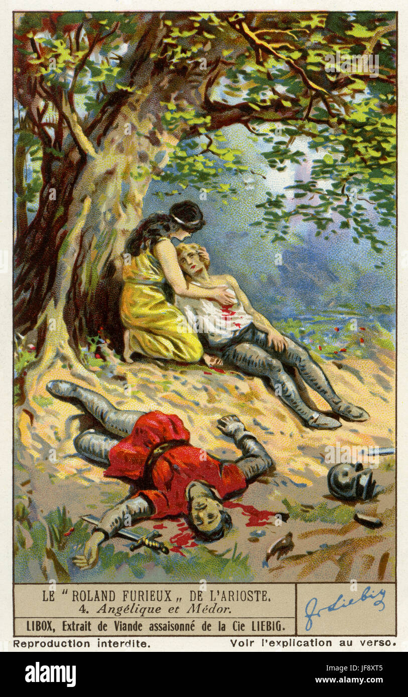 Nature morte. Orlando Furioso, poème épique par Ludovico Ariosto. Carte de collection Liebig 1936 Banque D'Images