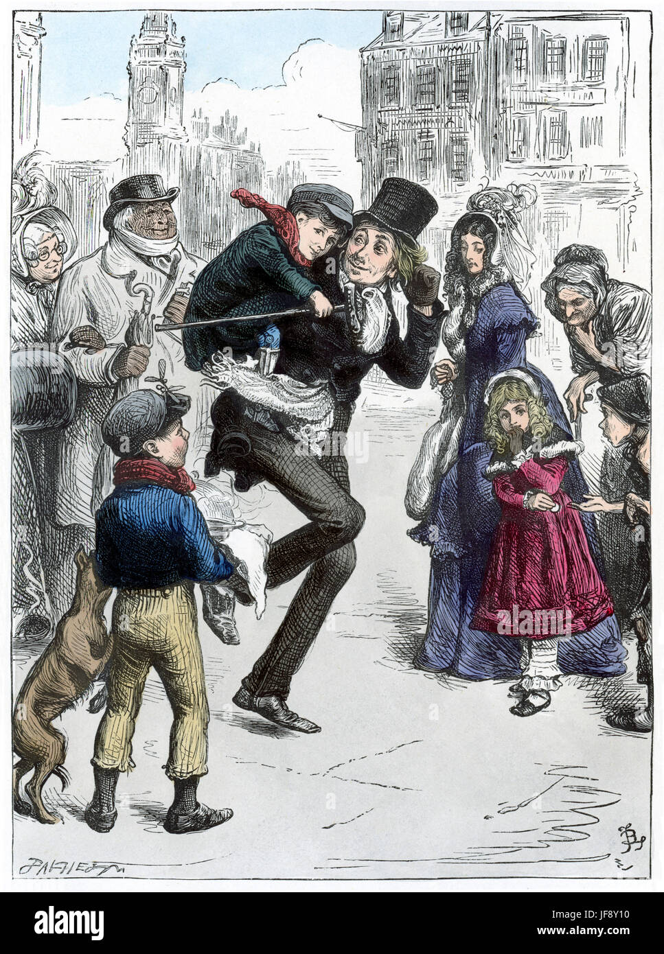 Un Chant de Noël, roman de Charles Dickens (7 février 1812 - 9 juin 1870). Bob Cratchit transportant Tiny Tim : 'Il avait été Tim's blood-cheval tout le chemin de l'église, et était revenu à la maison flambe." Illustration par Fred Barnard (1846 - 1896) Banque D'Images