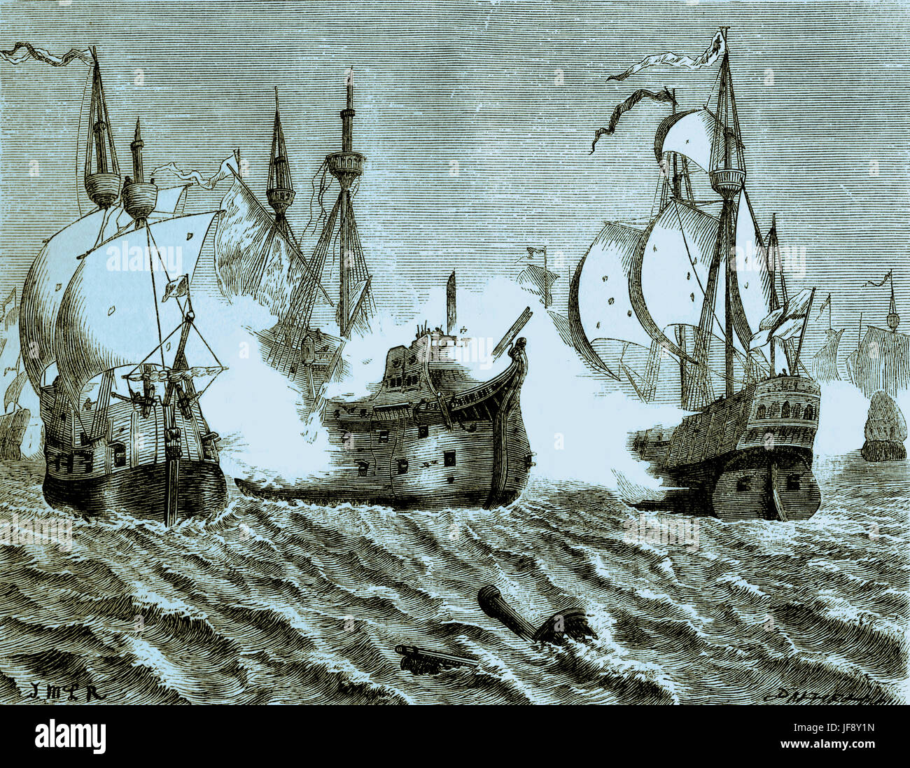 Bataille navale entre l'Armada espagnole et la flotte d'Elizabeth I, guerre anglo-espagnole. Illustration par ex. Dalziel (1817 - 1905) Banque D'Images