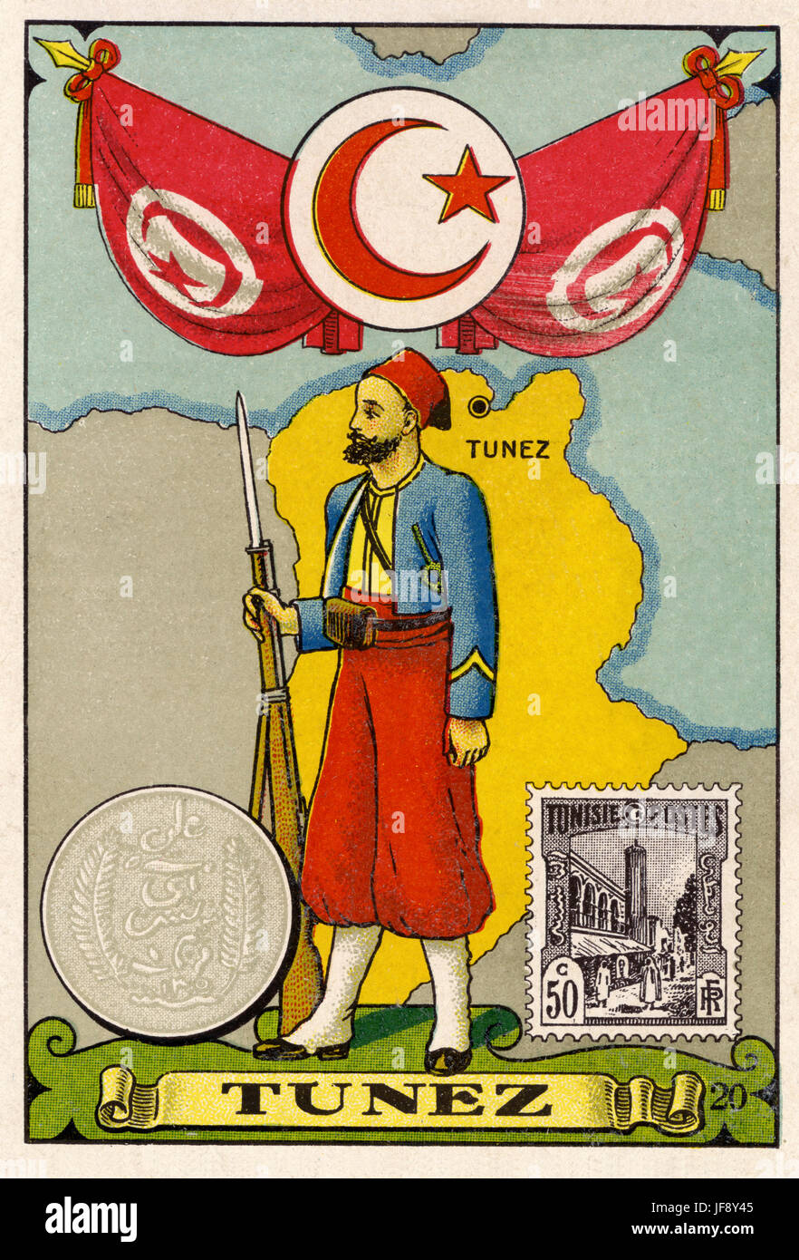 La Tunisie. Illustration avec carte de la Tunisie Tunis, montrant un timbre Tunisien, une pièce de monnaie dinar et un soldat zouave. Fin du 19e / début 20e siècle carte postale Banque D'Images