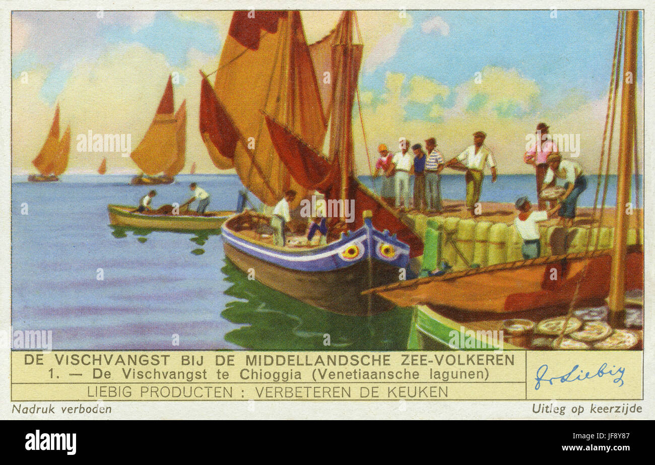 La pêche dans Chioggia, lagune de Venise, Italie. Carte de collection Liebig, 1938 Banque D'Images