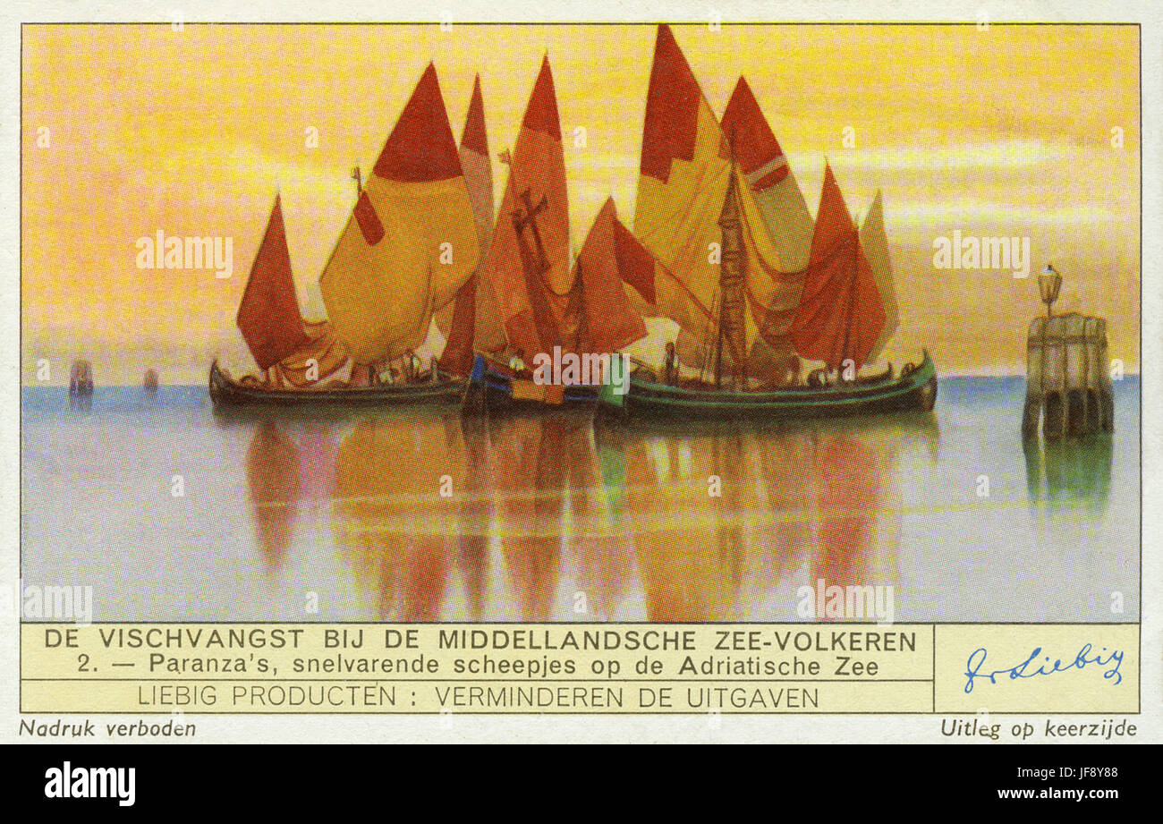 Paranza à haute vitesse, des bateaux de pêche de l'Adriatique. Carte de collection Liebig, 1938 Banque D'Images