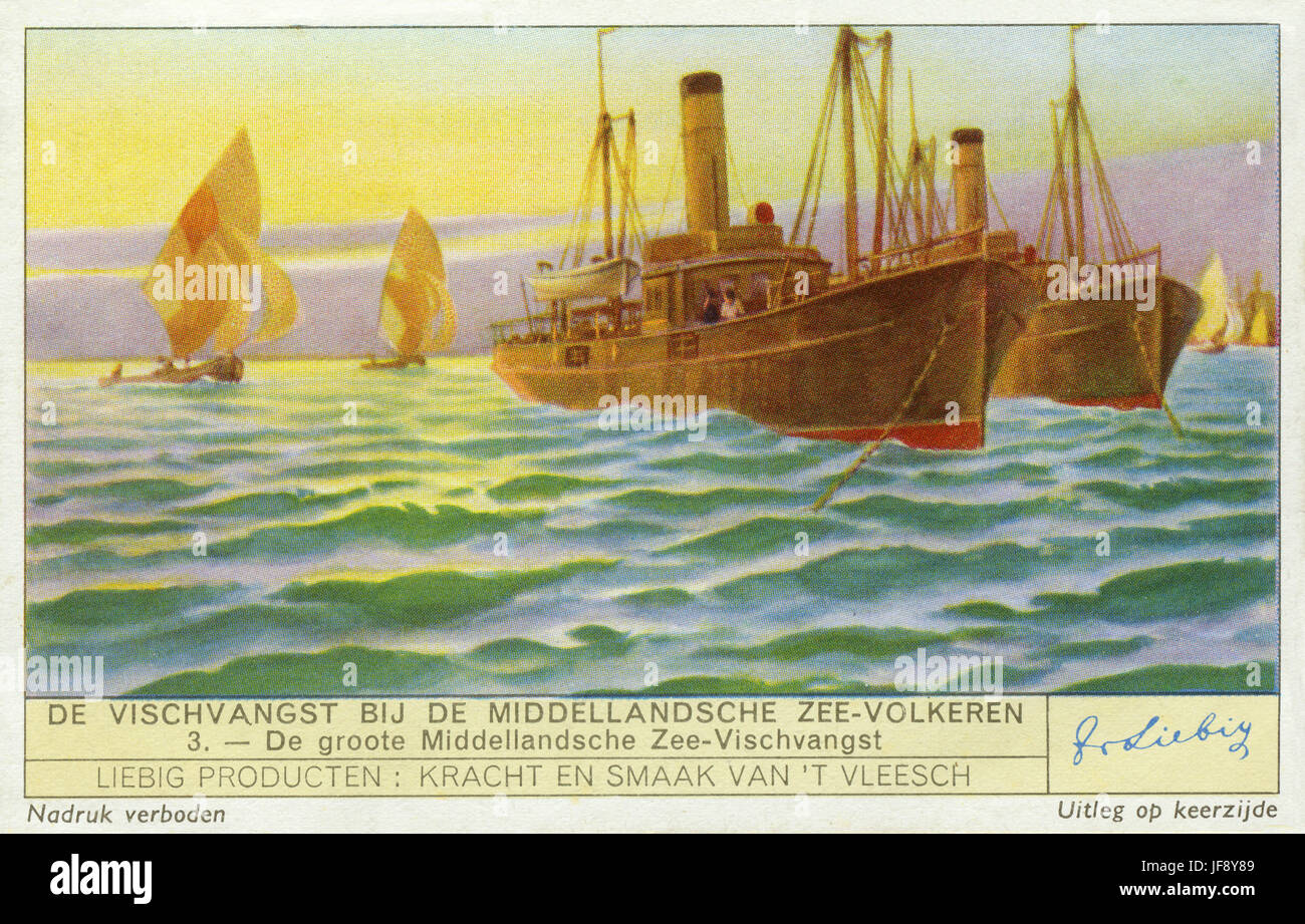 Pêche en mer Méditerranée. Carte de collection Liebig, 1938 Banque D'Images