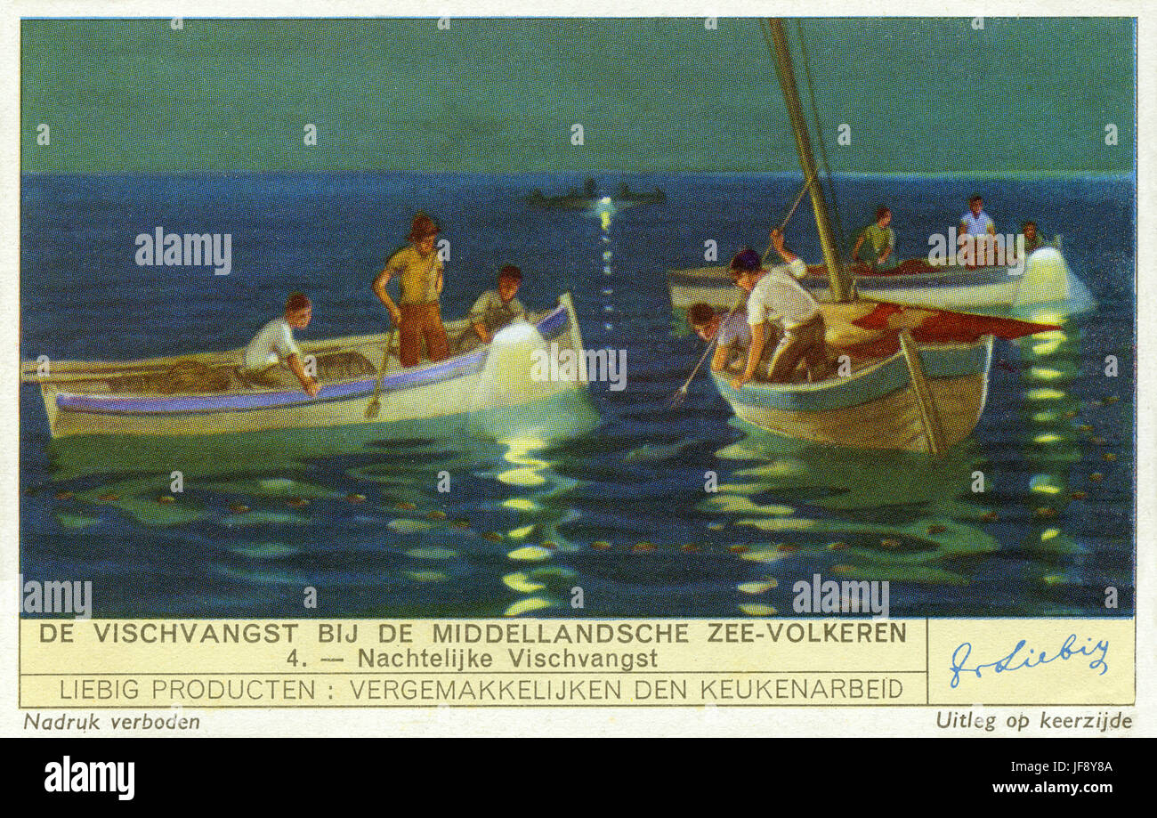 La pêche nocturne avec des lampes. Carte de collection Liebig, 1938 Banque D'Images