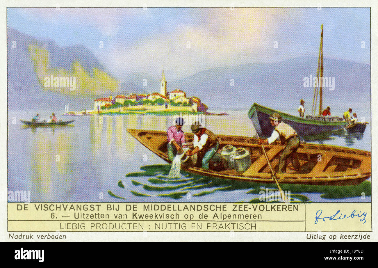L'expansion de l'élevage du poisson sur les lacs alpins. Carte de collection Liebig, 1938 Banque D'Images
