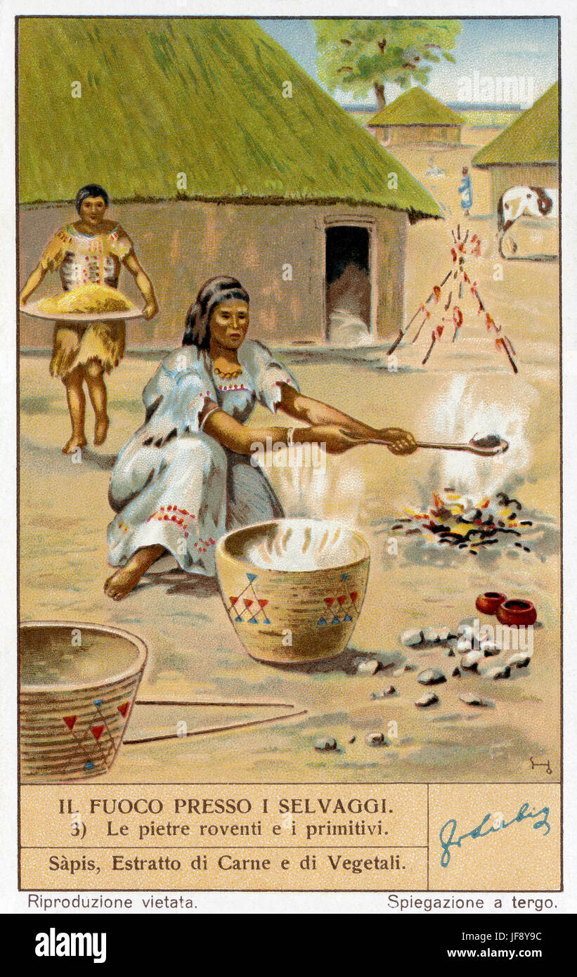 L'eau bouillante avec des pierres chaudes. Production et utilisations d'incendie. Carte de collection Liebig, 1940 Banque D'Images
