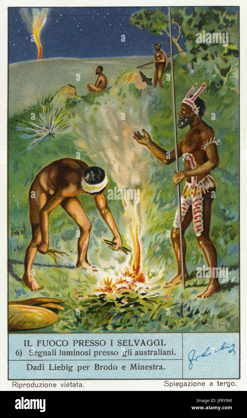 Signaux de fumée de l'Australie. Production et utilisations d'incendie. Carte de collection Liebig, 1940 Banque D'Images
