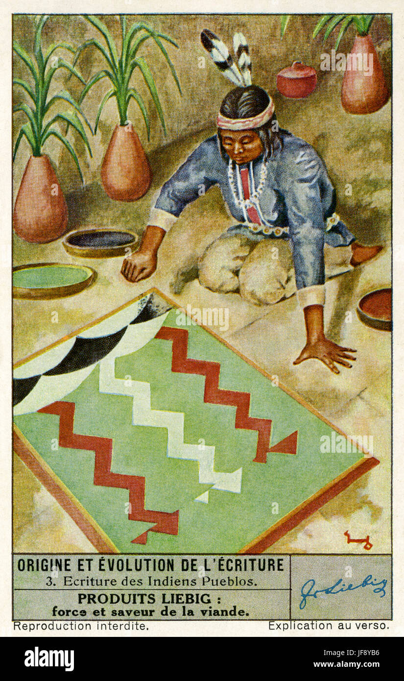 Système d'écriture des indiens Pueblo. Origines et évolution de l'écriture. Carte de collection Liebig, 1942 Banque D'Images